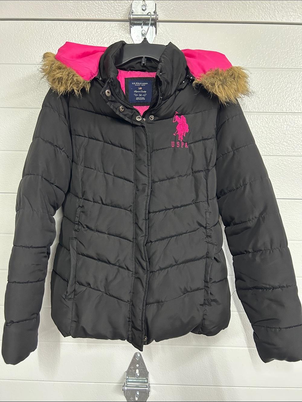 U.S. Polo Assn. Black Jacket with Hot Pink Hood Lining